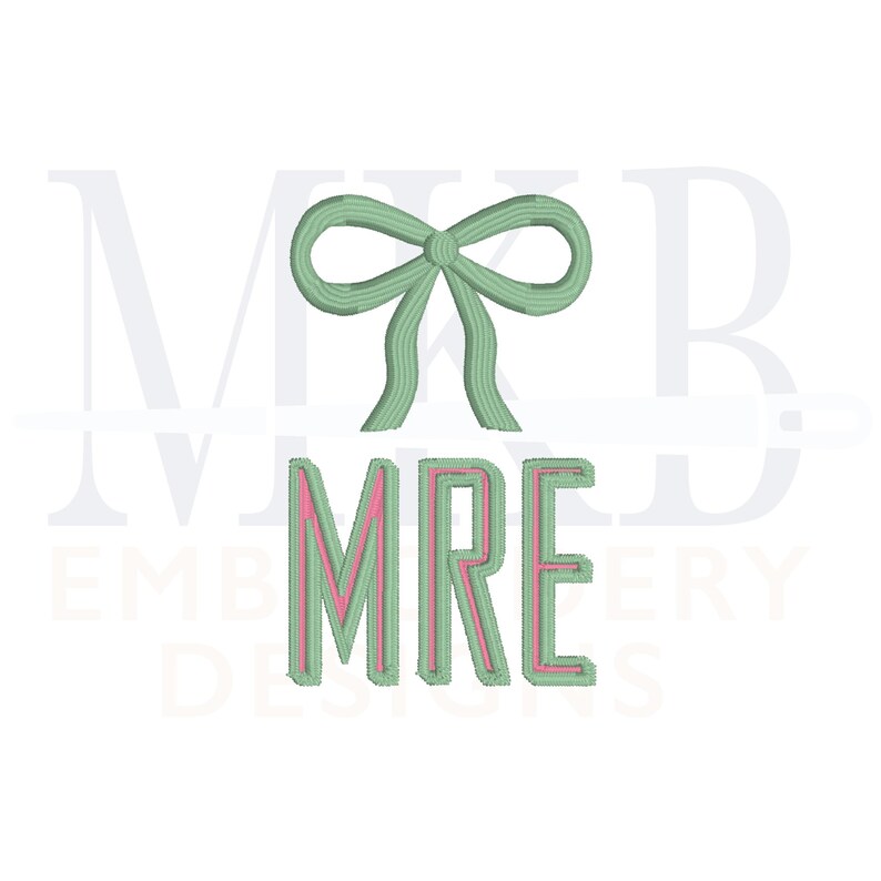 May include: Green and pink monogram embroidery design with a bow on top. The monogram reads "MRE".