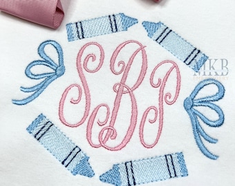 Crayon Side Bow Frame, Crayon Monogram Frame, Back to School, First Day of Preschool, Light Fill Satin Stitch Machine Embroidery Design File