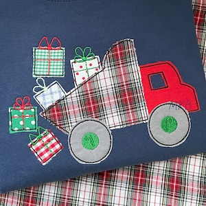 Kerstdumptruck Bean Stitch Applique, Kerstcadeau Truck, Ontwerpbestand Machineborduurwerk, Candy Cane Truck, Bouwvoertuig