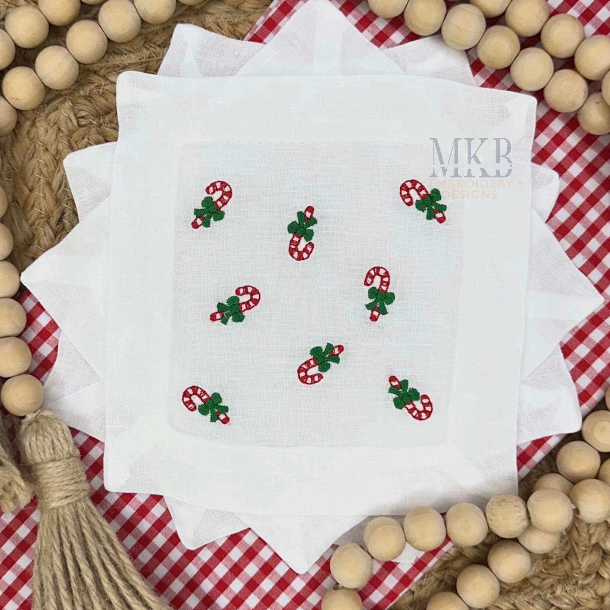 Candy Canes with Bows Arranged for Cocktail Napkins, Machine Embroidery Design, Christmas Cocktail Napkins