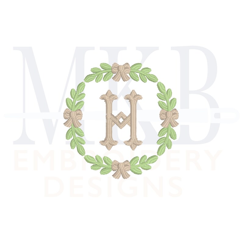 May include: A monogram design featuring the letter H in a beige colour, surrounded by a wreath of green leaves and brown bows. The wreath is circular and the letter H is centred within the wreath.
