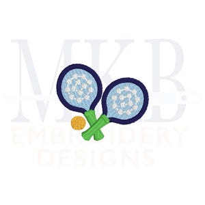May include: Two blue and white tennis rackets with green handles and a yellow tennis ball.