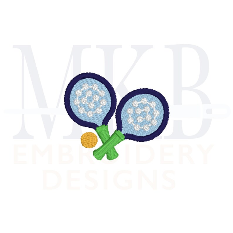 May include: Two blue and white tennis rackets with green handles and a yellow tennis ball.