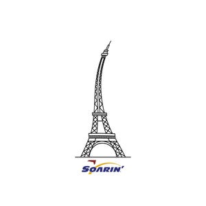 May include: A black and white line drawing of the Eiffel Tower with a curved top. The word "SOARIN'" is written in blue, red, and yellow below the tower.