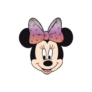 May include: A cartoon illustration of Minnie Mouse's face. Minnie has black ears, a black head, and a smiling face. She wears a bow with a geometric pattern in shades of pink, purple, and orange. The background is white.