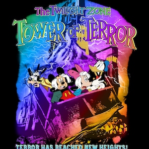 May include: A colorful illustration of Mickey Mouse, Minnie Mouse, Donald Duck, and Goofy riding a rollercoaster in front of a tall, dark building. The text "The Twilight Zone Tower of Terror" is at the top of the image, and the text "Terror has reached new heights!" is at the bottom.