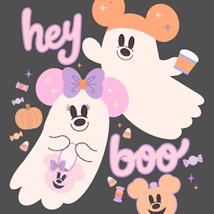 May include: A graphic illustration on a dark gray background featuring two white ghosts wearing mouse-ear headbands in orange and pink. The text reads "hey boo" in light purple. The design includes a pumpkin, candy corn, wrapped candies, and a small pink bag.