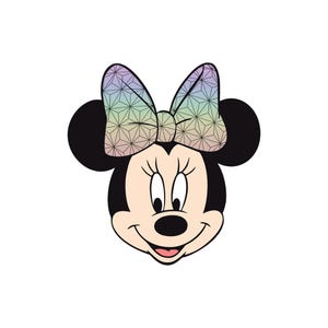 May include: A cartoon illustration of Minnie Mouse's face. She has black ears, a black head, and a smiling face with a pink tongue. Her bow is a geometric pattern in pastel colors.