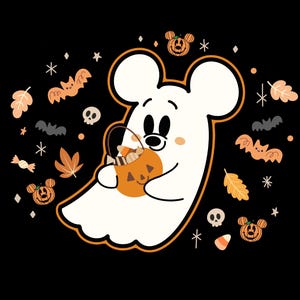 May include: A cartoon illustration of a white ghost with Mickey Mouse ears holding an orange pumpkin-shaped candy bucket. The background is black with orange bats, leaves, and Mickey Mouse pumpkin heads. Halloween-themed design.