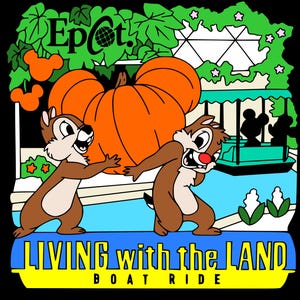 May include: A vintage Epcot pin featuring Chip and Dale holding a large orange pumpkin. The text "LIVING with the LAND BOAT RIDE" is below the characters. The pin is set against a green background with a white geodesic dome in the background.