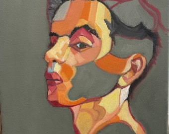 May include: A painting of a person's face in a cubist style. The face is painted in shades of orange, yellow, and red, with a dark gray background. The person's hair is dark and styled in a messy way.