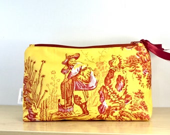 Cosmetic purse, gold and wine print toile de jouy, furnishing cotton, printed panel, travel bag, accessories purse, gift for her, OOAK