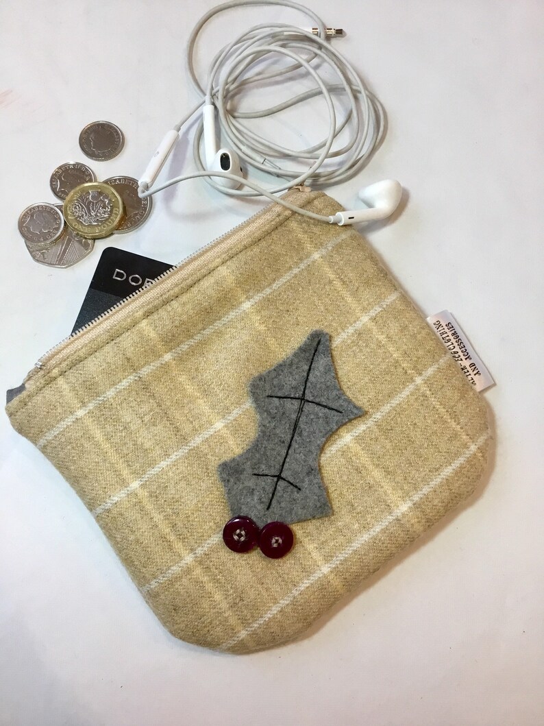 purse with Christmas decoration padded pouch birthday gift holly Christmas present Zipped purse phone pouch tartan purse