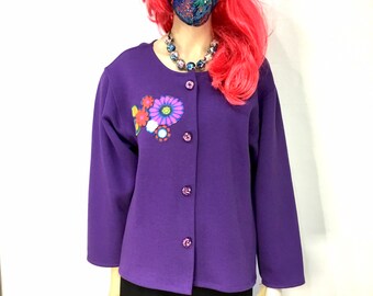 Recycled size 14 purple sweatshirt, upcycled, restyled, sweater, purple jumper, sweatshirt jacket with flowers, button up cardigan, handmad