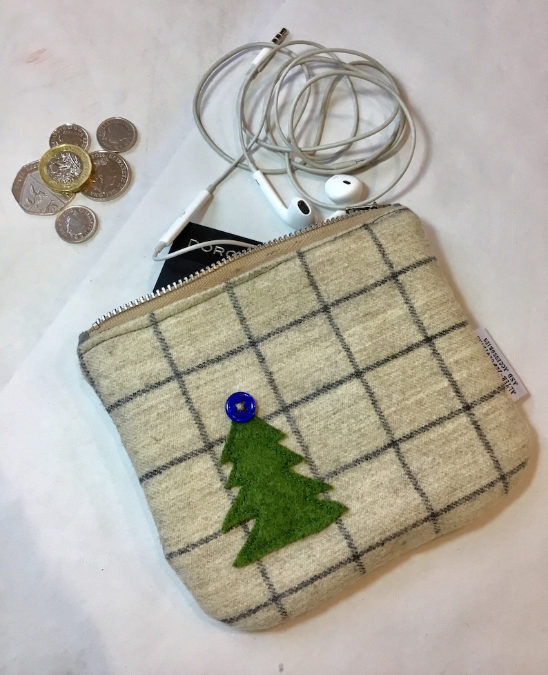 tartan check wool pouch christmas gift Christmas tree gift for her. Small zip purse royal blue lining 100/% wool lined coin purse
