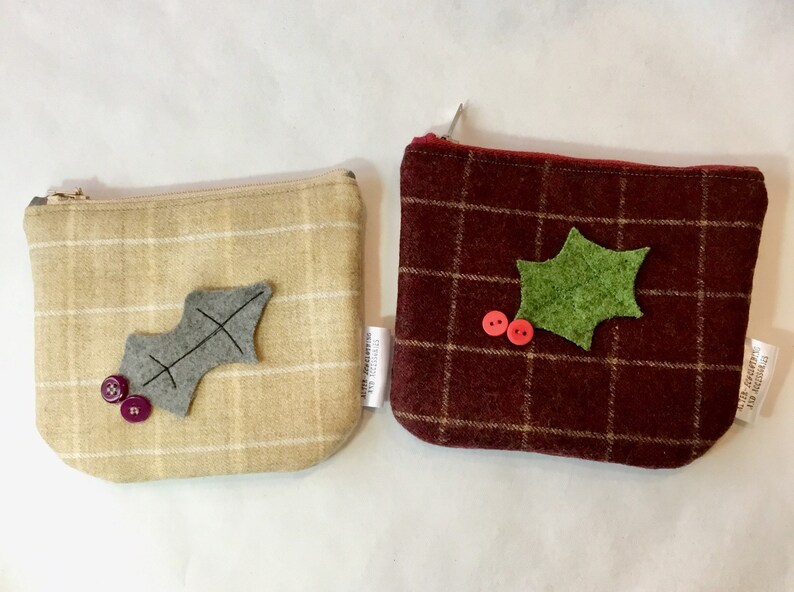 purse with Christmas decoration padded pouch birthday gift holly Christmas present Zipped purse phone pouch tartan purse