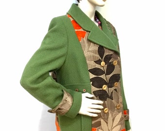Women’s autumn green coat, size 18, double breasted, patchwork jacket, furnishing fabric, OOAK, handmade in UK, warm jacket, wood buttons