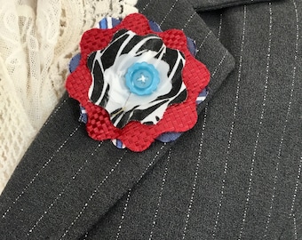 Handmade flower broaches, bright floral pin,  silk and polyester fabrics, broach pin, recycled men’s tie fabric, lapel badge OOAK