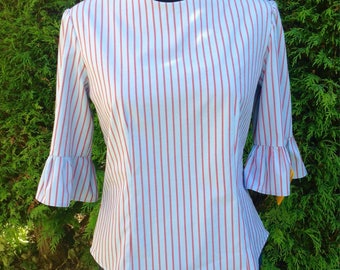 Womens blouse, candy stripe, recycled mans shirt, size 14, bell sleeve top, eco chic, handmade in UK, Women’s clothing, ethical chic.