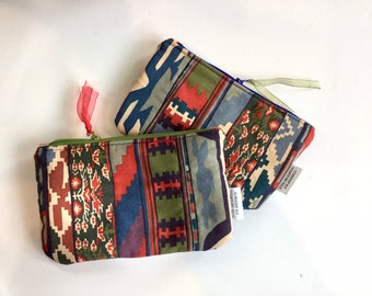 Liberty furnishing fabric, zip pouch, quilted lined purse, Zebak fabric, red blue and green ethnic stripe, gift for her, padded