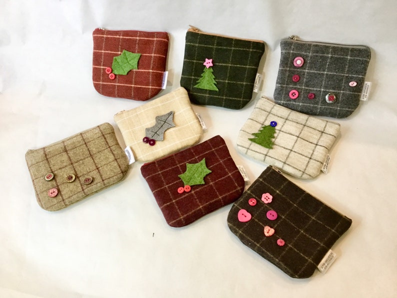 tartan check wool pouch christmas gift Christmas tree gift for her. Small zip purse royal blue lining 100/% wool lined coin purse