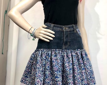 Denim skirt, repurposed jeans, size 14, liberty fabric, organza underskirt, boho skirt, ethical fashion, sustainable, gift for her