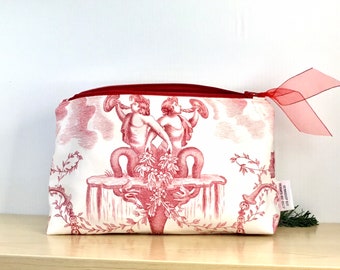 Toile de Jouy, cosmetic bag, zipped purse, cherubs, furnishing cotton, fully lined, make up purse, accessories pouch, gift for her.