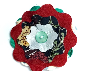 Flower pin,handmade broach, bright floral pin,  silk and polyester fabrics, recycled men’s tie fabric, lapel badge OOAK