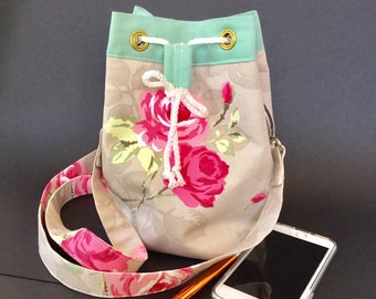Drawstring floral bucket bag, small shoulder bag, crossbody pouch, OOAK, party accessory, rope tie, birthday gift, gift for her.