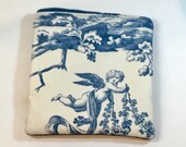 Phone pouch, zipped purse, cherub quilted pouch, toile de jouay, handbag essentials bag, repurposed, furnishing fabric, gift for her.