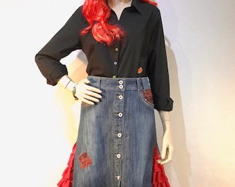 Recycled denim jeans skirt, Upcycled denim skirt. Eco chic. OOAK, Red frills, buttons & studs, denim skirt, size 14, recycled clothing