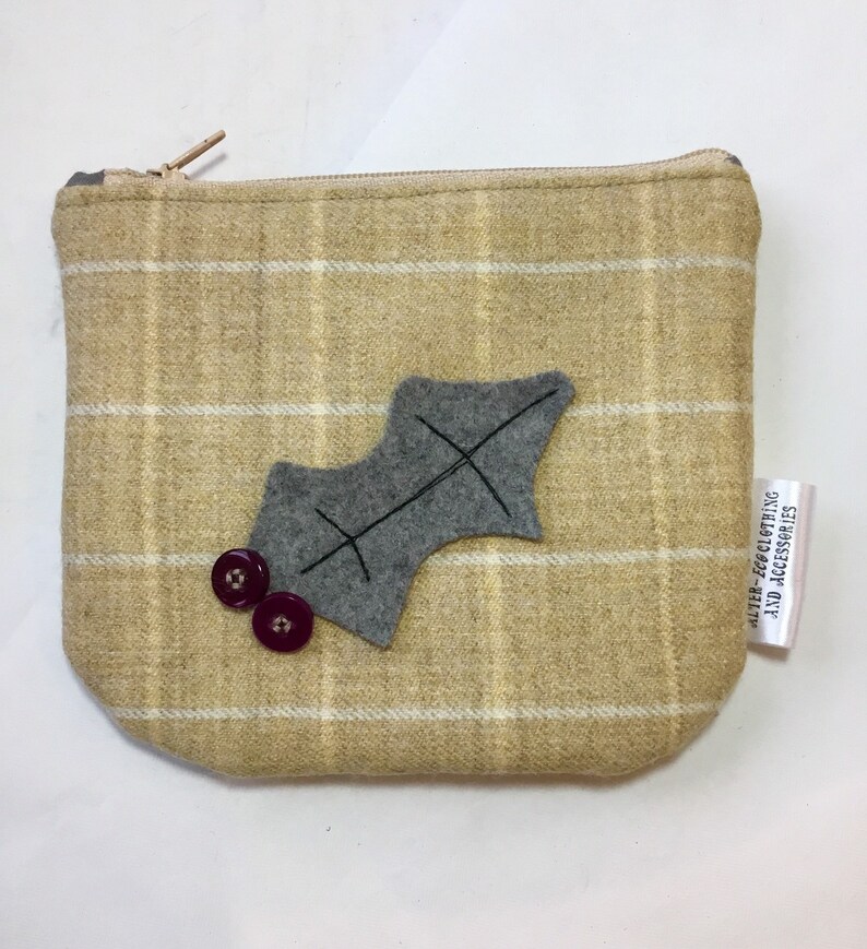purse with Christmas decoration padded pouch birthday gift holly Christmas present Zipped purse phone pouch tartan purse