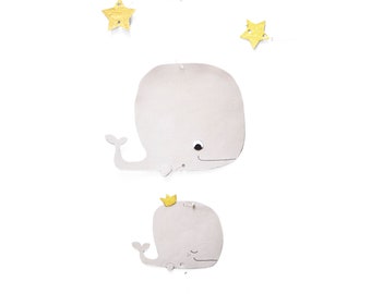 Mobile baleines grises pour décoration chambre bébé neutre, deco murale à suspendre, cadeau de naissance unisexe, style scandinave nordique