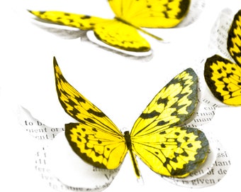 Papillons jaunes en papier pour deco anniversaire champetre, decoration mariage boho, decoration chambre bebe fille, stickers muraux 3d