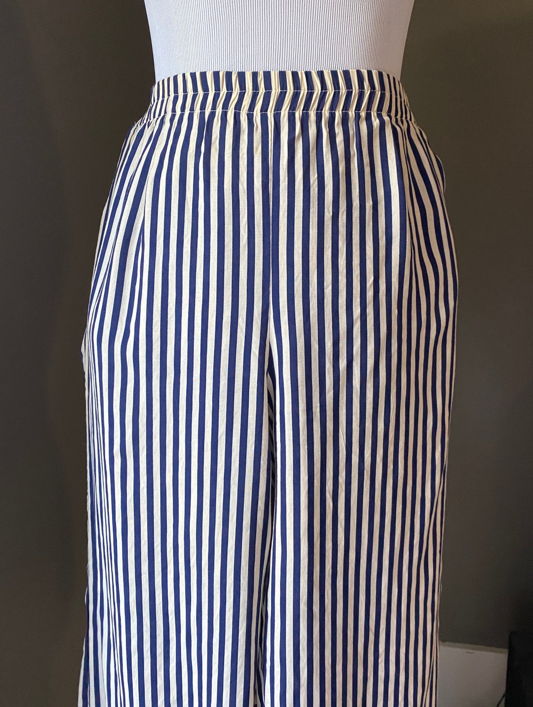 Navy & White Striped Pants W Elastic Waist, Pockets Etsy