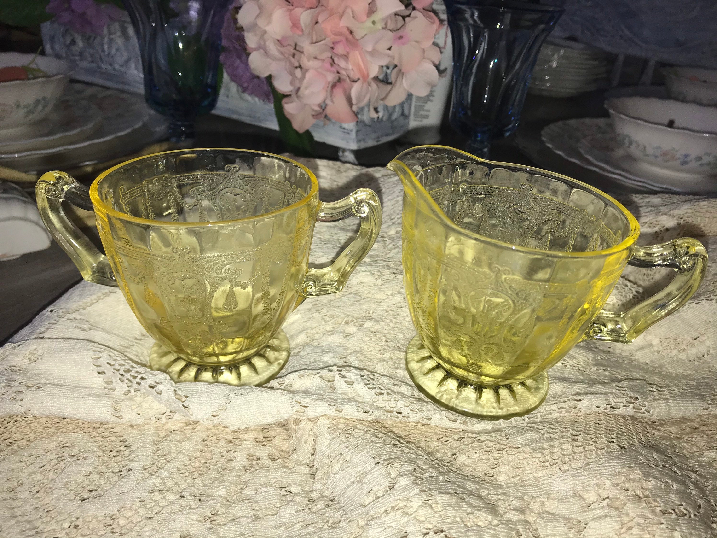 Yellow Depression Glass Sugar and Creamer Set Pair Downton Etsy