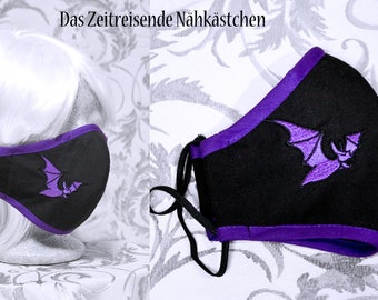 Masker met borduurwerk, mondmasker, mond-neusmasker, gothic, punk, vleermuis, verschillende maten, met neusriem