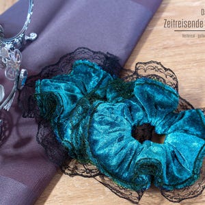 Gothic Velvet Scrunchie with Lace Trim | Large Hair Scrunchie | Handmade | Black/Purple/Teal/Burgundy. 90s, 80s, Christmas Present Blue