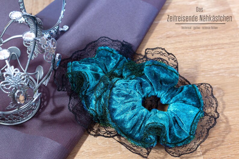 Gothic Velvet Scrunchie with Lace Trim | Large Hair Scrunchie | Handmade | Black/Purple/Teal/Burgundy. 90s, 80s, Christmas Present Blue