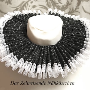 Elizabethan ruff, black and white polkadots, with white lace
