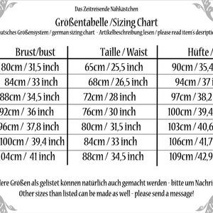May include: A sizing chart with measurements in centimeters and inches. The chart includes bust, waist, and hip measurements for sizes 34 to 46. The text at the top reads "Gr&ouml;&szlig;entabelle/Sizing Chart".