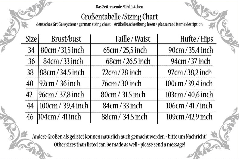 May include: A sizing chart with measurements in centimeters and inches. The chart includes bust, waist, and hip measurements for sizes 34 to 46. The text at the top reads "Gr&ouml;&szlig;entabelle/Sizing Chart".