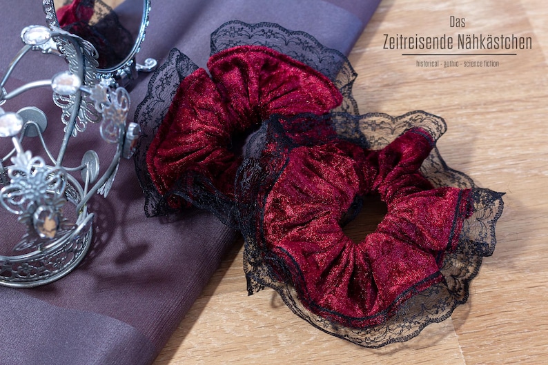 Gothic Velvet Scrunchie with Lace Trim | Large Hair Scrunchie | Handmade | Black/Purple/Teal/Burgundy. 90s, 80s, Christmas Present Red