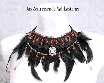 Feather necklace, choker, collar, with feathers, lace and pearls, Gothic, Lolita, Steampunk