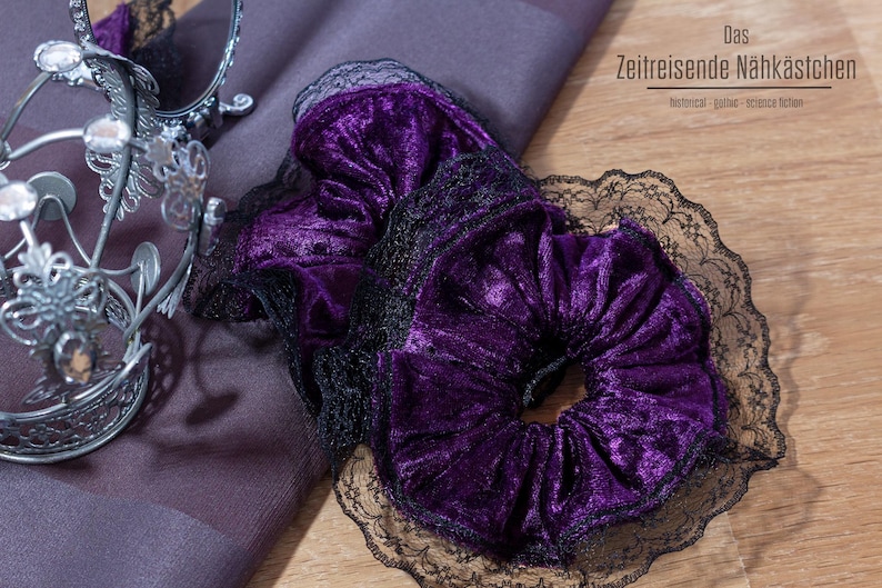 Gothic Velvet Scrunchie with Lace Trim | Large Hair Scrunchie | Handmade | Black/Purple/Teal/Burgundy. 90s, 80s, Christmas Present Purple