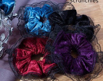 Gothic Velvet Scrunchie with Lace Trim | Large Hair Scrunchie | Handmade | Black/Purple/Teal/Burgundy. 90s, 80s, Christmas Present
