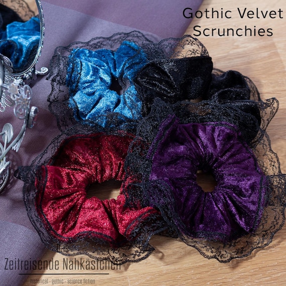 Gothic Scrunchie aus Pannesamt mit Spitze | Großes Haarband | Handgemacht | Schwarz/Violett/Petrol/Bordeaux, Geschenk, Weihnachten 90er 80er