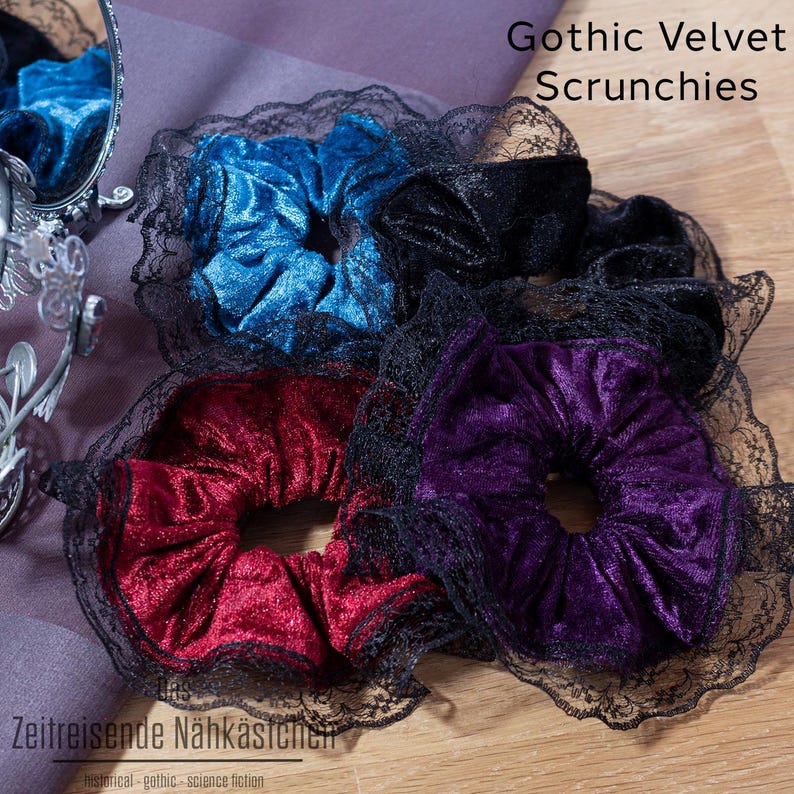 Gothic Velvet Scrunchie with Lace Trim | Large Hair Scrunchie | Handmade | Black/Purple/Teal/Burgundy. 90s, 80s, Christmas Present image 1