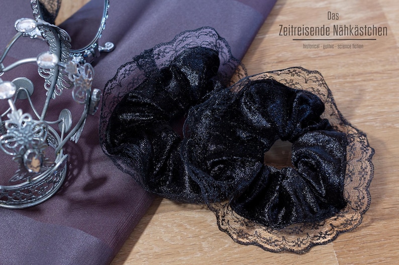 Gothic Velvet Scrunchie with Lace Trim | Large Hair Scrunchie | Handmade | Black/Purple/Teal/Burgundy. 90s, 80s, Christmas Present Black