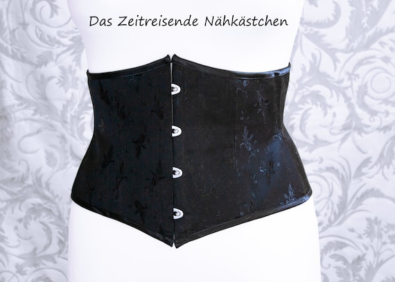 Schwarzes Victorian Taillenkorsett aus floralem Coutil – handgefertigt, stabil und elegant für Gothic, historische & Regency-Looks.
